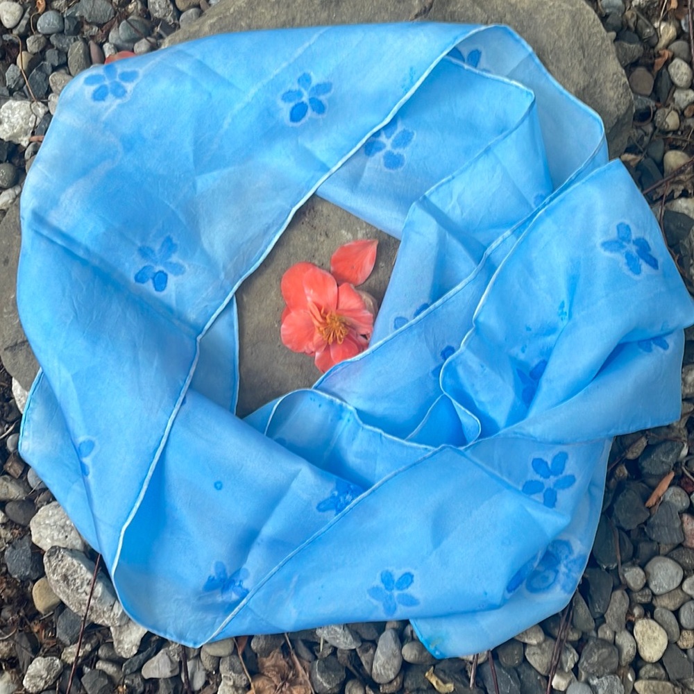 Hand Painted Artisan Silk Scarf With Pretty Blue Daisy Pattern By Alberta Artist